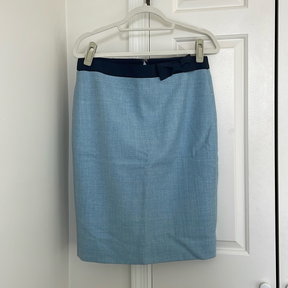 J.Crew Baby Heather Blue Wool Pencil Skirt with Navy Ribbon Bow - Size 8 - NWOT